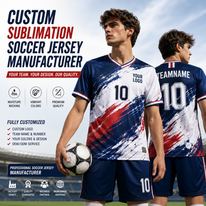 Fabricante de Camisetas de Fútbol Sublimadas Personalizadas al por Mayor, 100% Poliéster de Malla de Secado Rápido, Nombre del Equipo, Número, Cuello en V, Uniforme de Fútbol - Product Image 1