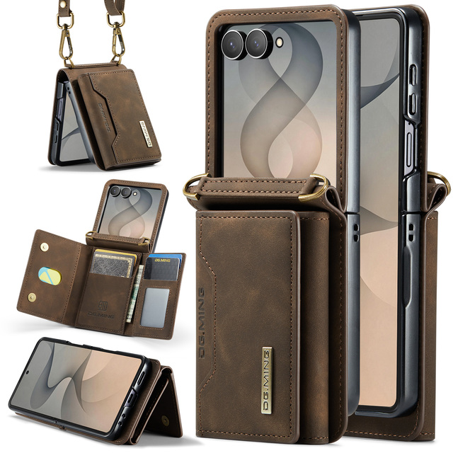 New Luxury Foldable PU Leather Cell Phone Case for Samsung Galaxy Z Flip 8 7 6 5 4 With Shoulder Strap Folding Card Wallet Cover