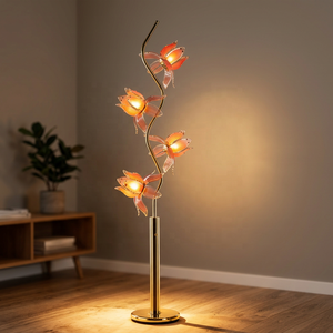 Magnifique lampadaire en forme de fleur de lotus, avec tige en métal doré en forme de S, abat-jour en verre, lumière décorative pour l'intérieur de la villa - Product Image 1
