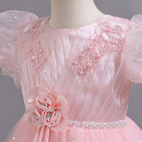 Robe de bal princesse formelle à manches bouffantes scintillantes, longueur genou, pour filles de 1 à 12 ans, élégante, en tulle à sequins, avec applique de rose, pour demoiselle d'honneur