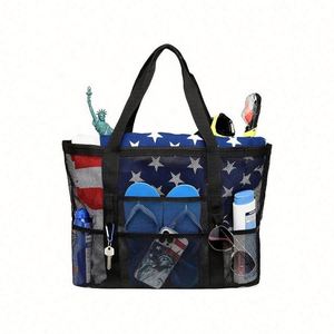 Sac fourre-tout en maille unisexe portable pour l'été, grande capacité, pour la plage, les voyages en famille, réutilisable, en polyester blanc, idéal pour le shopping - Product Image 2