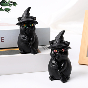 Sculpture en cristal naturel, chat sorcière en obsidienne noire pour la décoration - Product Image 2