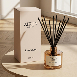 Aikun Low MOQ 3D Sample 7D Ship Clear Round Glass 100ml Label Beige Box Adjustable Scent Long Life Reed Diffuser Gift <b>Set</b> - Product Image 1