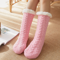 Chaussettes pantoufles ultra-douces et chaudes pour femme, en acrylique tricoté, longueur mi-mollet, avec grip antidérapant et doublure polaire, vente en gros