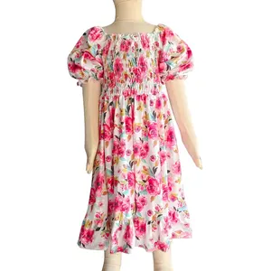 Özel bebek kız süt ipek çiçek baskı smock twirl kısa stil yaz tatili günlük elbise