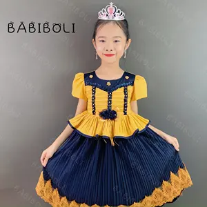 BABIBOLI 아기 소녀 어린이 가운 반소매 로마 천 아기 공주 네이비 블루 드레스 의류 파티 생일 착용