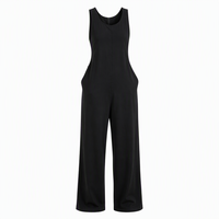 Combinaison sans manches noire pour femme, coupe ample, jambe large, avec poche au col, 100% coton respirant, pour usage quotidien décontracté, automne, personnalisable OEM