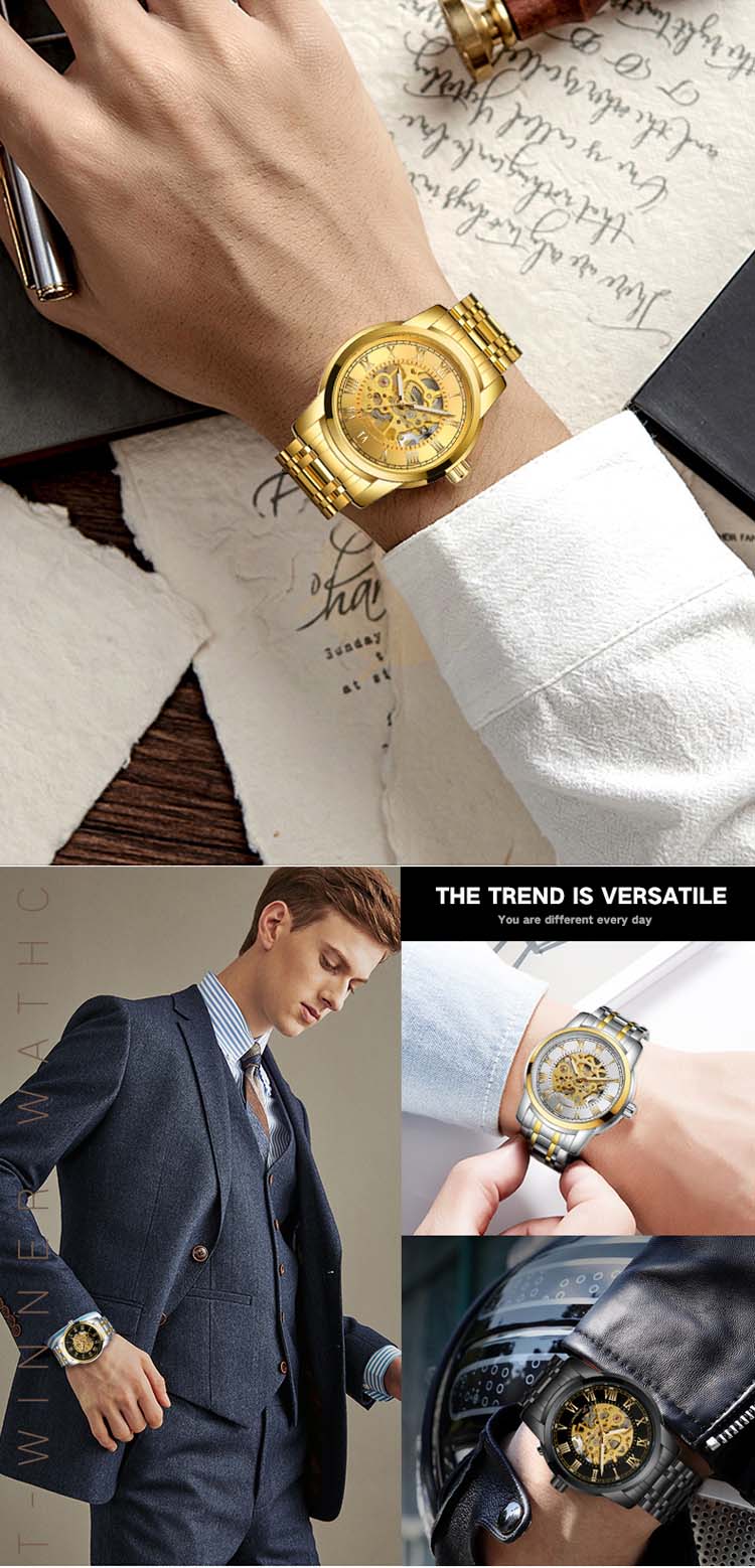 WINNER 8250 роскошные золотые мужские механические часы костюм браслет из нержавеющей стали водостойкий светящийся для отдыха бизнеса relo