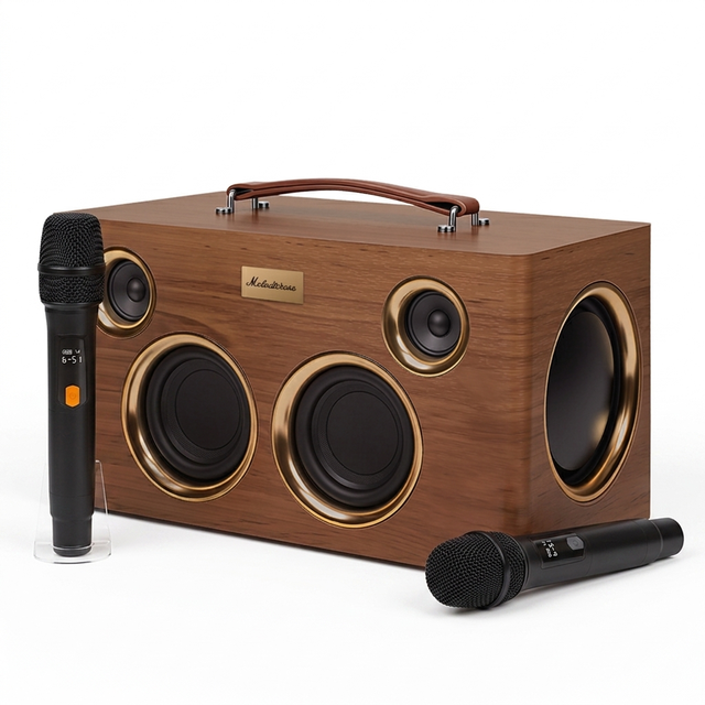 Retro Wooden Karaoke Machine with 2 Mics, 120W Wireless Speaker With Deep Bass Subwoofer High Sound Quality Support AUX/USB/ARC