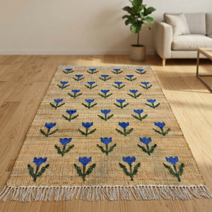 Tapis artisanal en jute à motif floral, rectangulaire, à poils ras, écologique, style ferme, pour la décoration du salon - Product Image 6