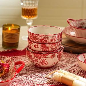 Chinese Style Ceramic Bowl And Plate Set Red Floral Pattern Wedding Gift Dinnerware Set - Product Image 4