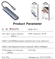 Adaptador Divisor HUB Tipo-C YESIDO HB11 de Aleación de Aluminio para Computadora Portátil con Ranura para Tarjeta TF/SD y Función de Video USB