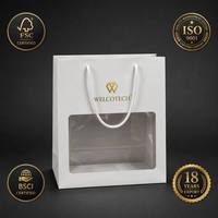 Sac cadeau en papier kraft, épaisseur 0,3 mm, avec poignée longue, logo personnalisé, fond plat, emballage de vente en gros et au détail