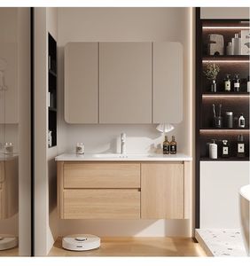 Wall Hung Cabinet with <b>Mirror</b> and White Ceramic Basin Wholesale Brown Fluted Bathroom Vanity - Product Image 4