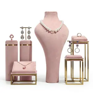 VANLOCY Pink Wholesale Custom DIY Bracelet Necklace Ring Earring Holder Jewelry Window Metal Display Stand Set