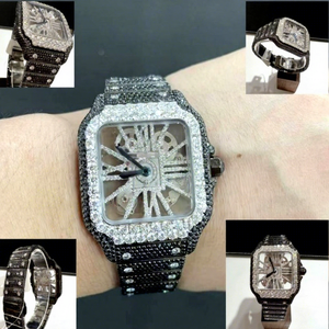 Montre squelette en moissanite avec diamants ronds taille brillant, boîtier et cadran en acier inoxydable, résistance à l'eau 10 bars pour homme - Product Image 1