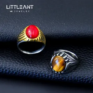 Little Ant New Personality Punk Ring Tiger Eye Stone Green Zircon Rings Wholesale