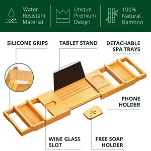 صينية حوض الاستحمام, صينية حوض الاستحمام قابلة للطي مصنوعة من خشب الخيزران الطبيعي قابلة للتمديد