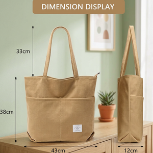 Sac fourre-tout en toile moyen style bohème gris uni résistant à l'eau avec fermeture éclair pour courses et cadeaux, utilisation toutes saisons, Bengale occidental - Product Image 6