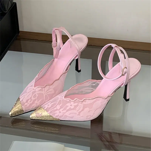 Escarpins élégants noirs en dentelle à talons fins et bout <span class=keywords><strong>pointu</strong></span> avec bride cheville et embout métallique pour femme, collection Printemps-Été, en EVA, pour fêtes et mariages - Product Image 6