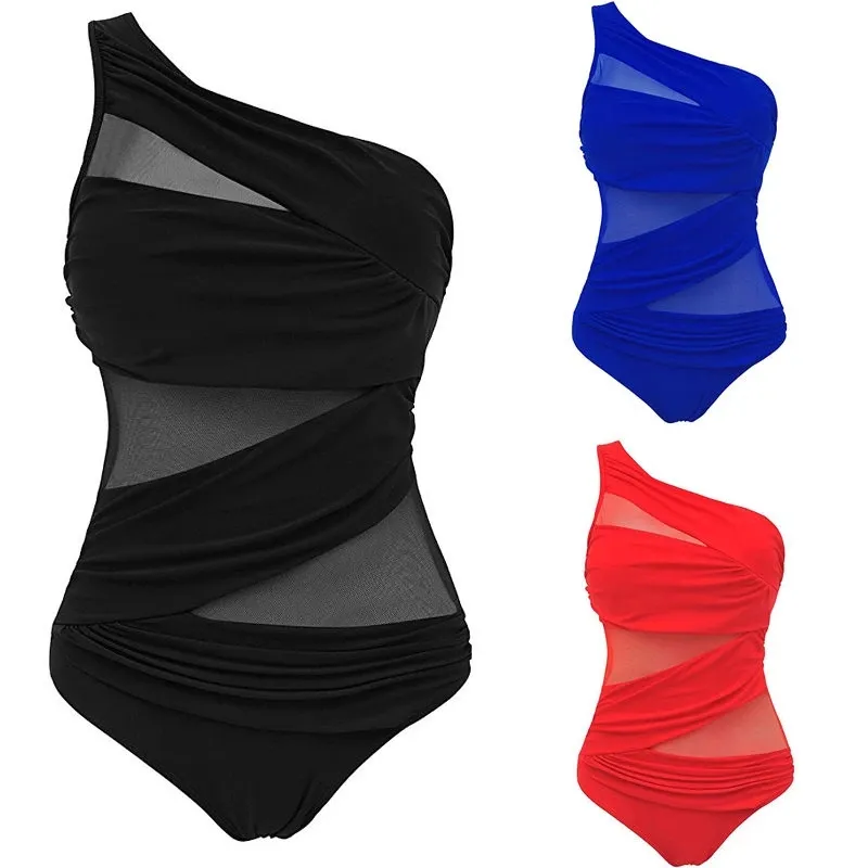 Plus-Größe Damen Einteiliges Netzbandage Bikini Bademode eine Schulter Aufdruck Monokini badeanzug badeanzug /