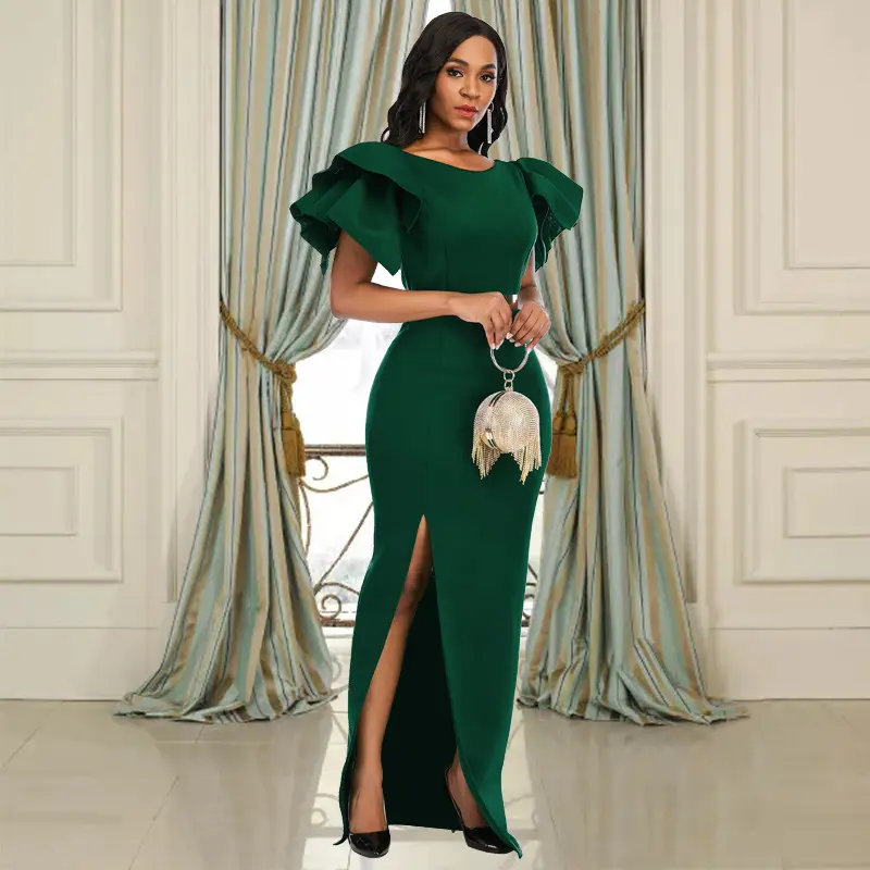 High-end Elegance Sexy Sleeveless Ruffle High Waist Large Size Stain Slim Split Green Women's Evening Bodycon Dress 2023