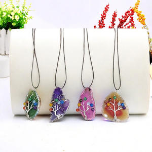 Kalung liontin batu akik alami manik-manik warna-warni pohon kehidupan buatan tangan sutra campuran perhiasan - Product Image 2