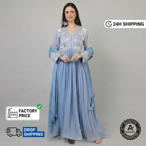 Robe longue de créateur pour femme, couleur ciel, ornée de perles, de sequins et de broderies, idéale pour les occasions spéciales. - Product Image 3