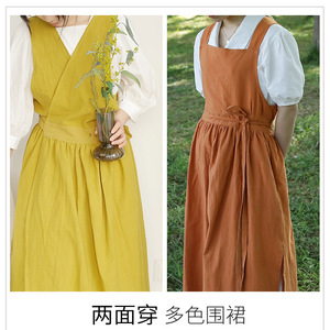 Solid Color Reversible Apron V-Neck Sleeveless Mid-Length Cotton A-Line Kitchen Cooking Apron For Women Daily Use - Product Image 5