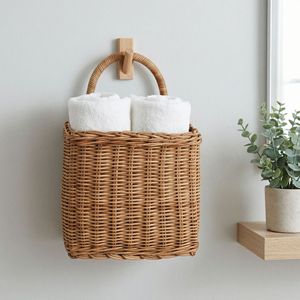Cesta de Almacenamiento de Mimbre Tejido Rectangular con Asa, Organizador de Utensilios de Cocina para Montar en la Pared, Cesta de Mimbre Natural - Product Image 2