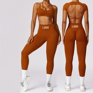 थोक 2024 महिला योगा स्पोर्ट्सवियर 2/4 पीस वर्कआउट लेगिंग्स डबल पतली स्ट्रैप रेसर हॉलो बैक शॉर्ट स्लीव क्रॉप टॉप - Product Image 1