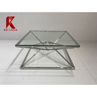 Table basse en verre minimaliste avec pieds en acier inoxydable, design italien minimaliste, support à contre-croisillons, meubles de salon