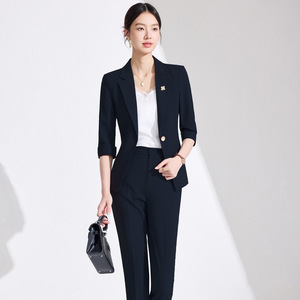 Women's Sky Blue Suit Set Three Quarter Sleeve Anti-Wrinkle Spring Professional Style - Product Image 2