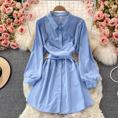 Otoño versión coreana nuevo diseño de nicho con una sensación de temperamento y atar la cintura vestido de solapa de manga larga para mujeres