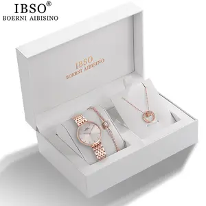 IBSO Jam Tangan Gelang Desain Kristal Wanita, Set Perhiasan Wanita Quartz Hadiah Perempuan