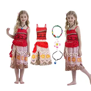 3-10岁儿童万圣节生日派对莫阿纳公主服装女孩角色扮演装扮嘉年华电视电影服装与项链