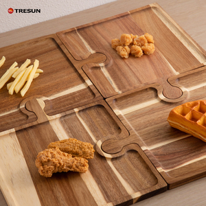 Juego de 4 piezas de madera de acacia pulida y duradera: Base de almacenamiento para platos tipo rompecabezas, bandeja para copas de vino con asa, plato para pizza, tabla de cortar sólida y bandeja para filetes - Product Image 2