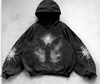 Ensemble sweat à capuche zippé vintage délavé pour homme avec motif anime, pull oversize et pantalon de jogging assorti, style punk urbain quotidien et skate