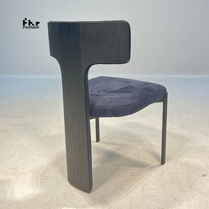 Contemporary Artistic T-Back <b>Dining</b> Chair Dark Blue Velvet Black Frame for Commercial Villa - Product Image 3