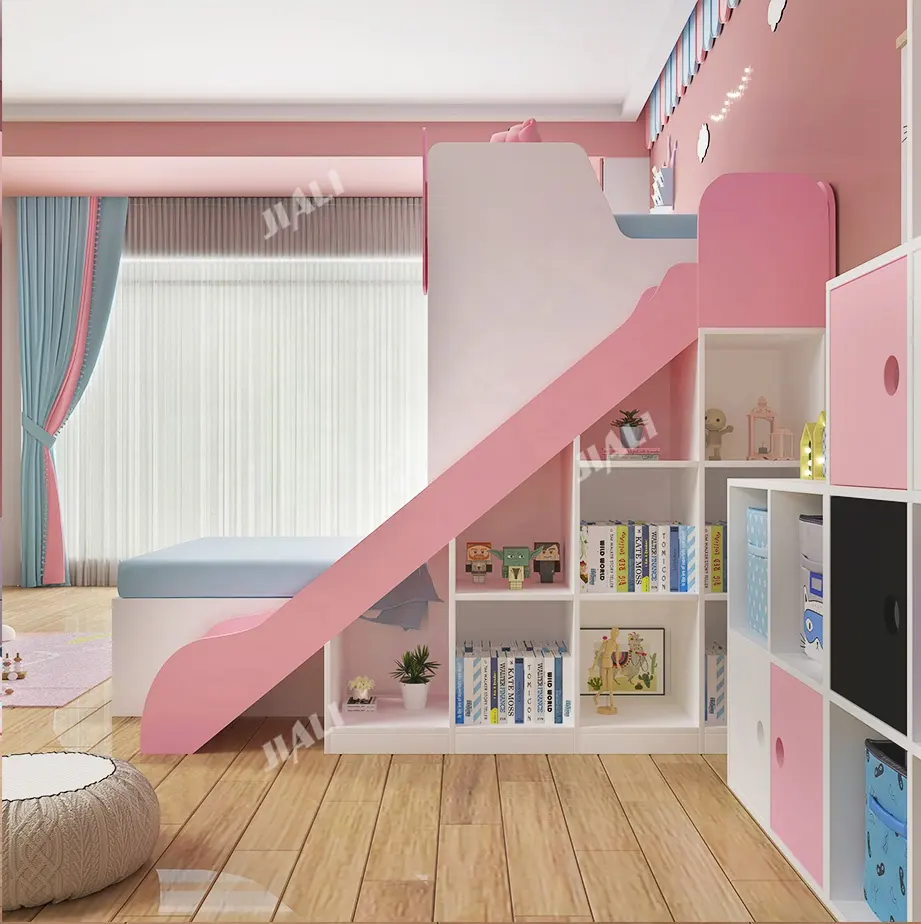 Litera doble de madera maciza para niños, cama doble rosa con deslizante de almacenamiento, escalera de escritorio