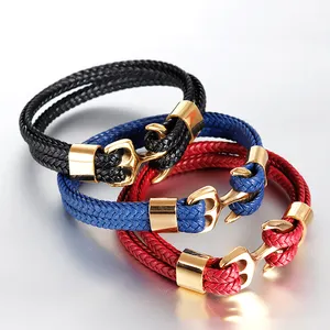 Модный винтажный черный, синий, красный кожаный браслет с якорем и золотой застежкой из нержавеющей стали для мужчин, ювелирные браслеты
