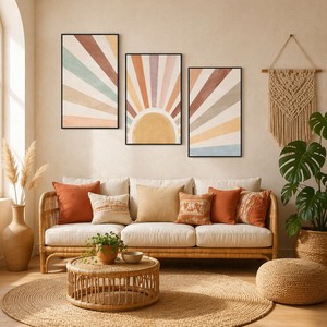 Lot de 3 tableaux encadrés Boho Soleil sur toile, cadre noir, <span class=keywords><strong>triptyque</strong></span> minimaliste soleil éclatant, décoration intérieure naturelle pour hôtel et salon - Product Image 1