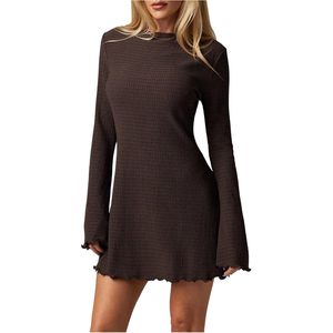 Women's Knitted Mini Dress Crew Neck <b>Bell</b> Sleeve Y2K Bodycon Party Dress Natural Waistline - Product Image 1
