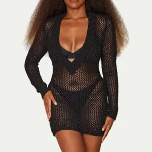 Vestidos de malha de grandes dimensões, blusa de manga longa com decote em V, malha de malha oca de verão, minivestido preto transparente para praia