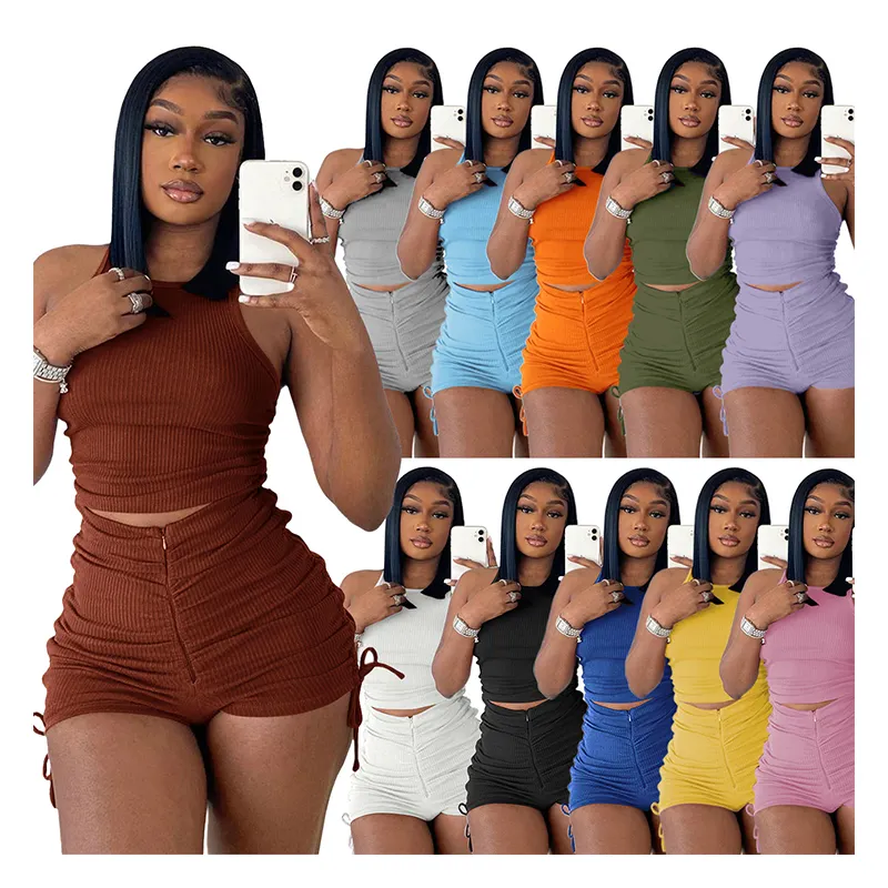 New Hot Sale Women's Clothing Wholesale O Neck Short Top Zip Up Bandage Pants Drape Crop Top Skinny Street Style Two Piece Sets