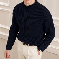 Fabricant de tricots sur mesure – Pull épais à col montant côtelé bleu marine avec poche poitrine, manches longues, pour l'hiver, décontracté, vente en gros