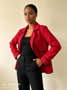 Veste blazer rouge pour femme avec bordure noire, revers cranté, simple boutonnage, manches longues, élégante, pour le bureau ou les affaires - Product Image 2