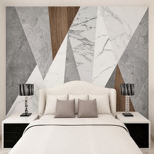 Panneau mural triangulaire personnalisé en toile huilée, motif géométrique marbre et bois - Product Image 1