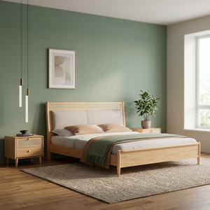 Modern Minimalist Solid Wood <b>Storage</b> Platform <b>Bed</b> <b>Queen</b> Size <b>with</b> Soft Upholstered Headboard and Matching Nightstand Set - Product Image 2