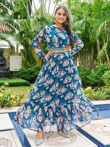 Robe longue et froufrous à imprimé georgette lourd avec manches longues et ceinture Kurtis à fleurs pour dames en provenance d'Inde - Product Image 5